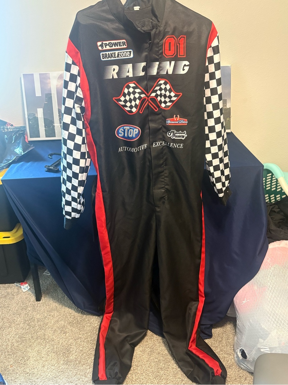 Racing Jumpsuit with Checkered Sleeves and Red Trim